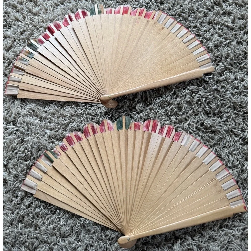 Lot Of Five Folding Hand Fans Wooden And Paper - Picture 5 of 10